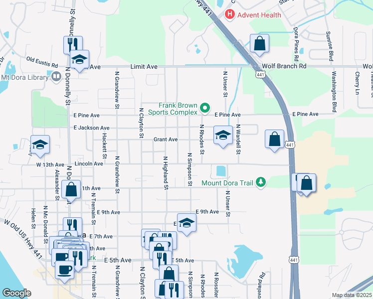 map of restaurants, bars, coffee shops, grocery stores, and more near 1401 North Simpson Street in Mount Dora