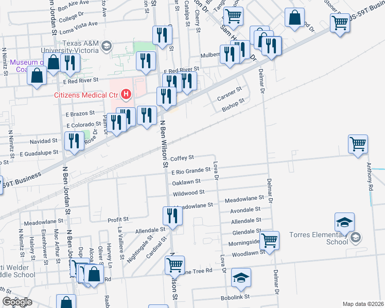 map of restaurants, bars, coffee shops, grocery stores, and more near 3104 Coffey Street in Victoria