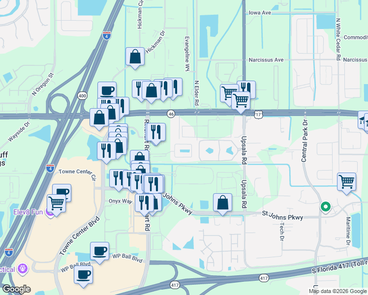 map of restaurants, bars, coffee shops, grocery stores, and more near 3211 San Jacinto Circle in Sanford