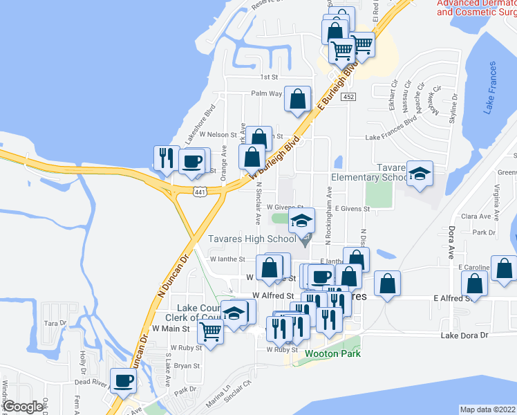 map of restaurants, bars, coffee shops, grocery stores, and more near 792 North Sinclair Avenue in Tavares
