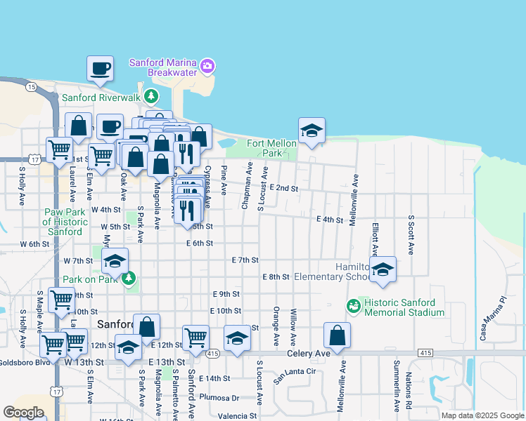 map of restaurants, bars, coffee shops, grocery stores, and more near 800 East 4th Street in Sanford