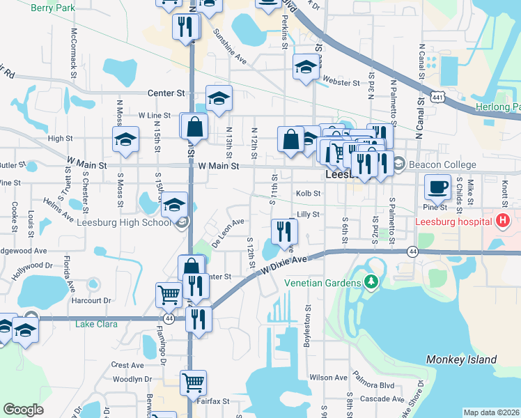 map of restaurants, bars, coffee shops, grocery stores, and more near 1108 Lilly Street in Leesburg