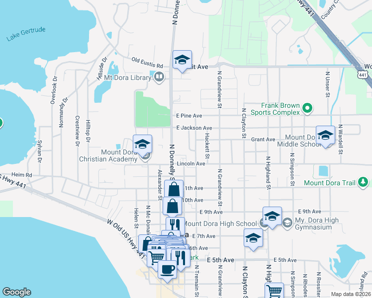 map of restaurants, bars, coffee shops, grocery stores, and more near 1403 Granite State Court in Mount Dora