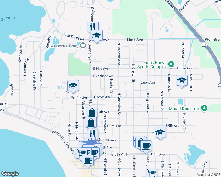 map of restaurants, bars, coffee shops, grocery stores, and more near 1405 Hackett Street in Mount Dora