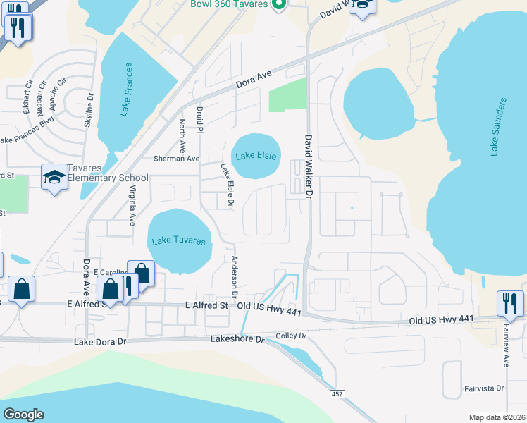 map of restaurants, bars, coffee shops, grocery stores, and more near 1950 Stokes Acres Drive in Tavares