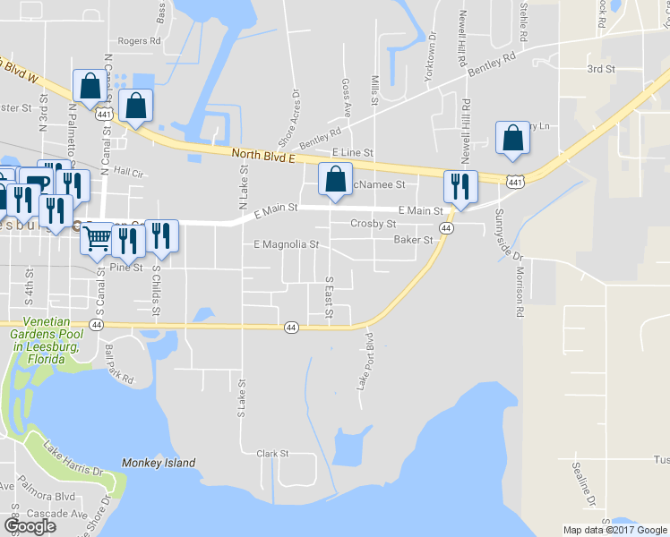 map of restaurants, bars, coffee shops, grocery stores, and more near 220 South East Street in Leesburg