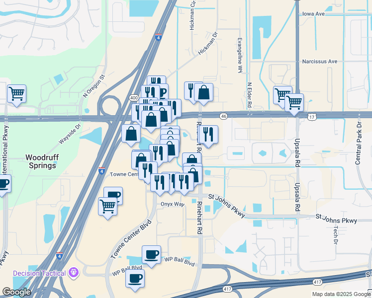 map of restaurants, bars, coffee shops, grocery stores, and more near 1840 Rinehart Road in Sanford