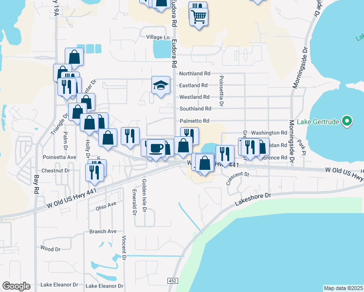 map of restaurants, bars, coffee shops, grocery stores, and more near 2403 Northland Road in Mount Dora