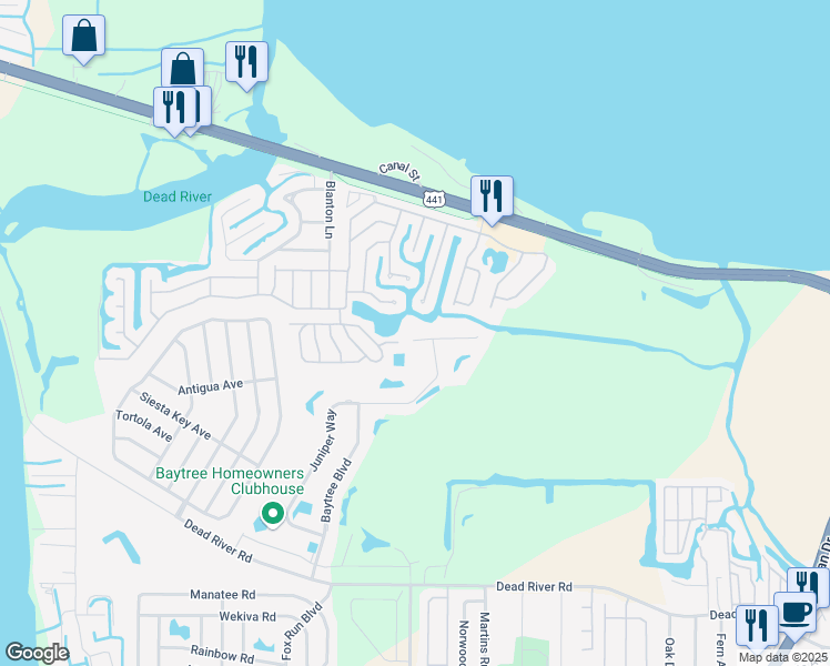 map of restaurants, bars, coffee shops, grocery stores, and more near 2508 Baywater Road in Tavares