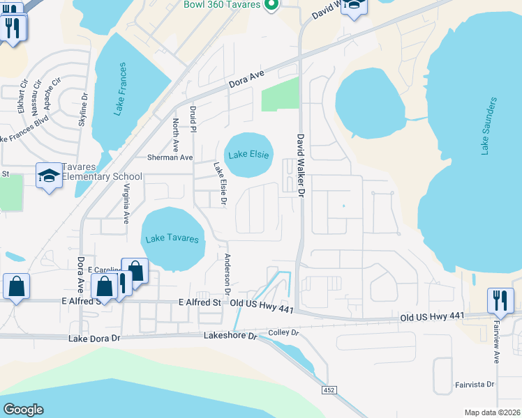 map of restaurants, bars, coffee shops, grocery stores, and more near 1950 Stokes Acres Drive in Tavares