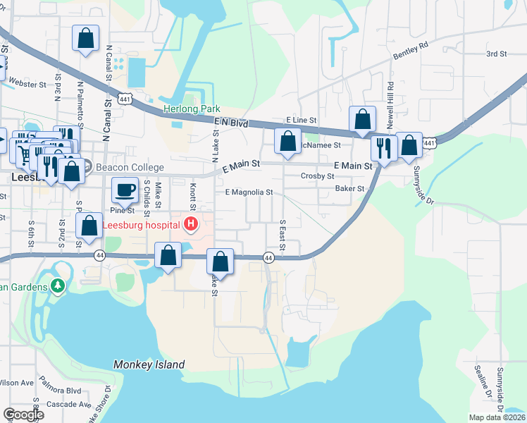 map of restaurants, bars, coffee shops, grocery stores, and more near 214 Bisby Street in Leesburg