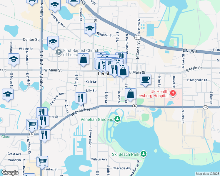 map of restaurants, bars, coffee shops, grocery stores, and more near 306 South 6th Street in Leesburg