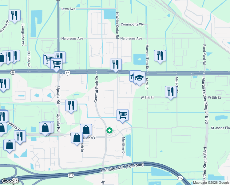 map of restaurants, bars, coffee shops, grocery stores, and more near 108 Cedar Bark Lane in Sanford