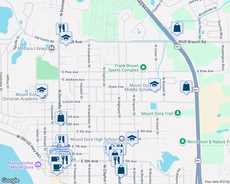 map of restaurants, bars, coffee shops, grocery stores, and more near 803 Florida Avenue in Mount Dora