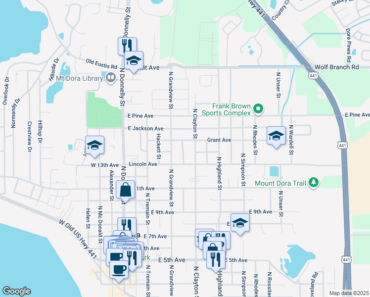 map of restaurants, bars, coffee shops, grocery stores, and more near 1410 Gorham Street in Mount Dora