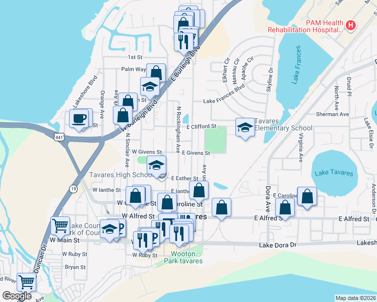map of restaurants, bars, coffee shops, grocery stores, and more near 803 North Saint Clair Abrams Avenue in Tavares