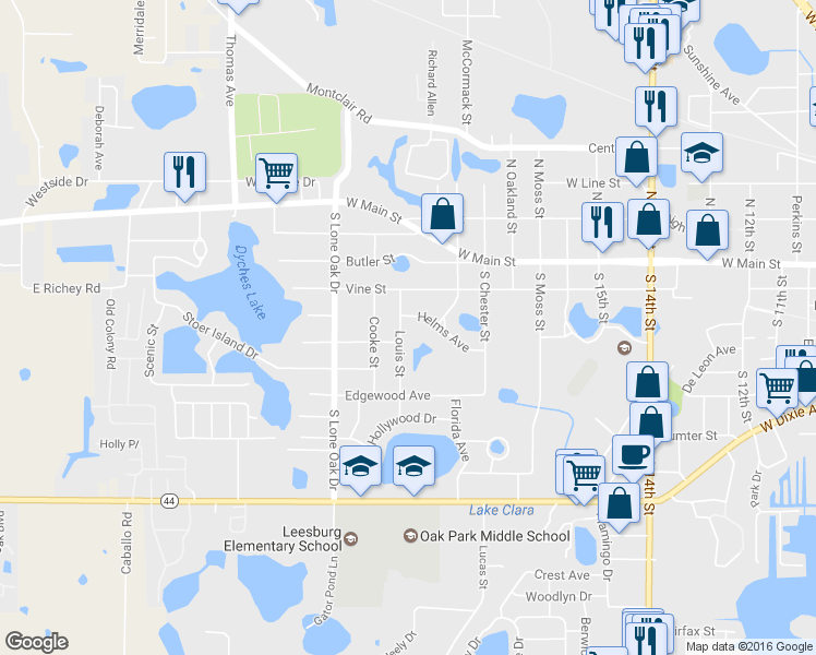 map of restaurants, bars, coffee shops, grocery stores, and more near 304 Louis Street in Leesburg