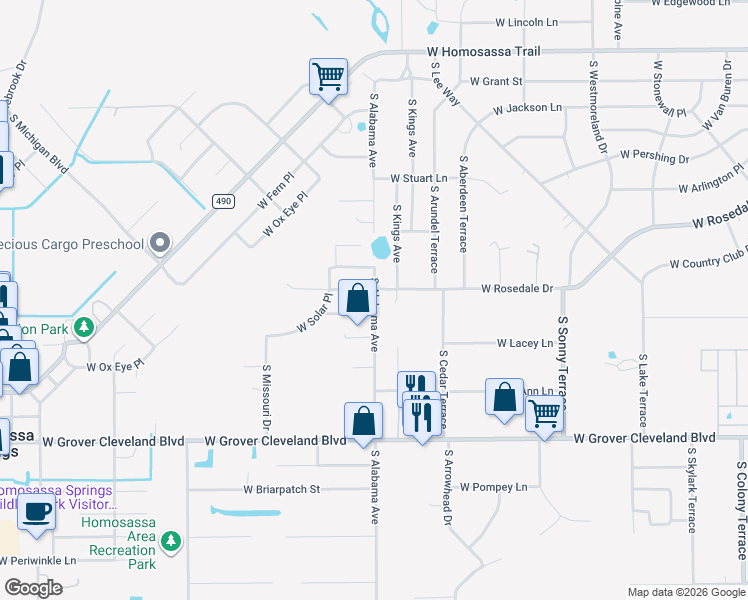 map of restaurants, bars, coffee shops, grocery stores, and more near 3642 South Alabama Avenue in Homosassa