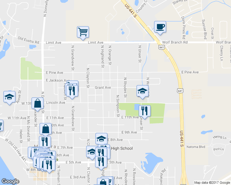 map of restaurants, bars, coffee shops, grocery stores, and more near 1409 North Simpson Street in Mount Dora