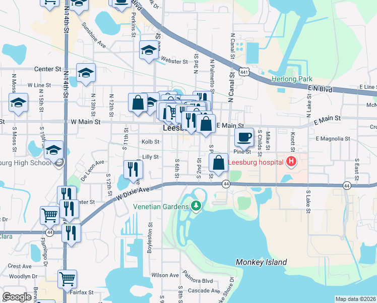map of restaurants, bars, coffee shops, grocery stores, and more near 300 South 4th Street in Leesburg