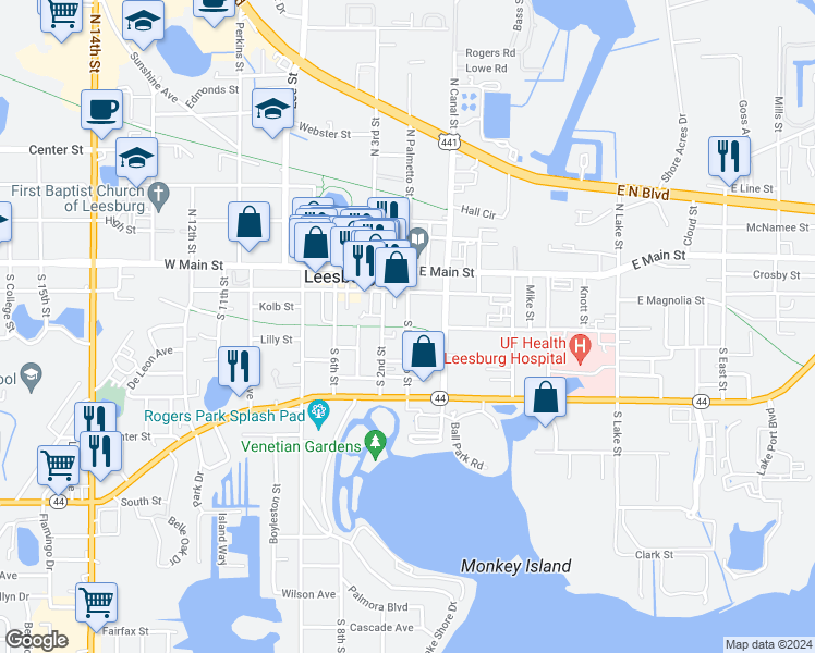 map of restaurants, bars, coffee shops, grocery stores, and more near 245 South Palmetto Street in Leesburg