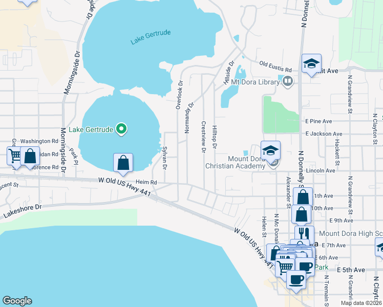 map of restaurants, bars, coffee shops, grocery stores, and more near 1416 Normandy Drive in Mount Dora