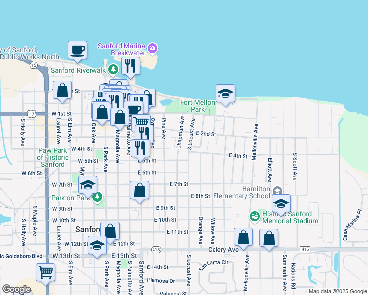 map of restaurants, bars, coffee shops, grocery stores, and more near 800 East 4th Street in Sanford