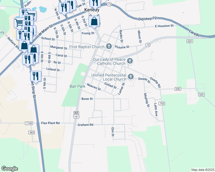 map of restaurants, bars, coffee shops, grocery stores, and more near 402 Goliad Street in Kenedy