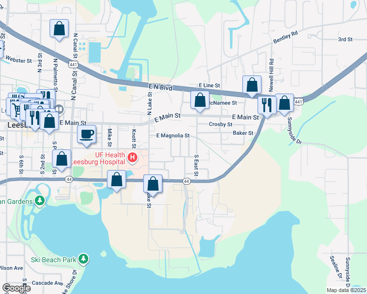map of restaurants, bars, coffee shops, grocery stores, and more near 214 Bisby Street in Leesburg