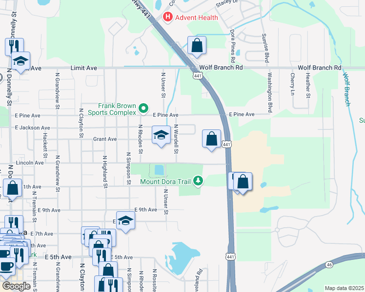 map of restaurants, bars, coffee shops, grocery stores, and more near 1515 Lincoln Avenue in Mount Dora