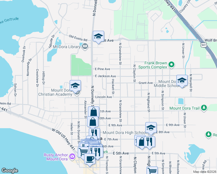 map of restaurants, bars, coffee shops, grocery stores, and more near 1405 Hackett Street in Mount Dora