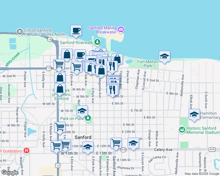 map of restaurants, bars, coffee shops, grocery stores, and more near 306 East 4th Street in Sanford