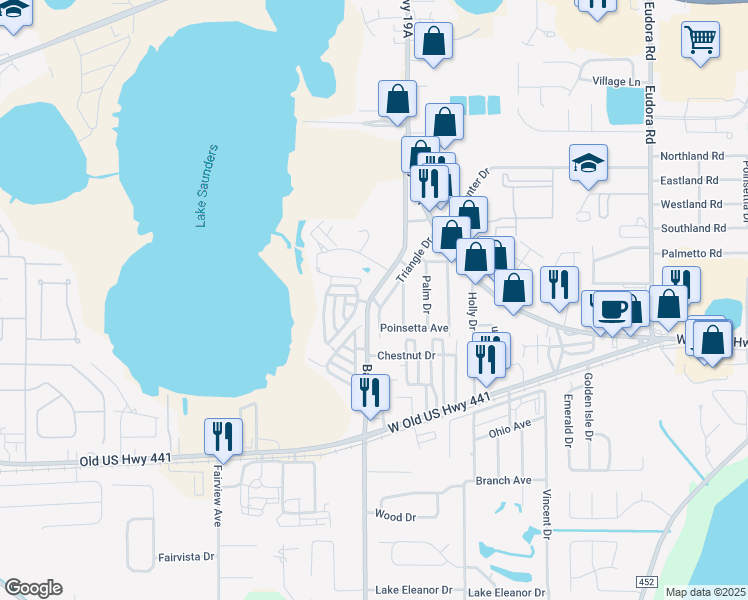 map of restaurants, bars, coffee shops, grocery stores, and more near 4250 Wee Street in Mount Dora