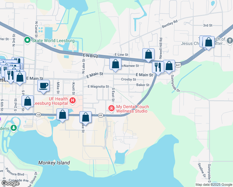 map of restaurants, bars, coffee shops, grocery stores, and more near 220 South East Street in Leesburg