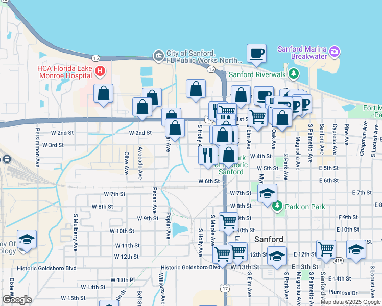 map of restaurants, bars, coffee shops, grocery stores, and more near 325 Cedar Avenue in Sanford