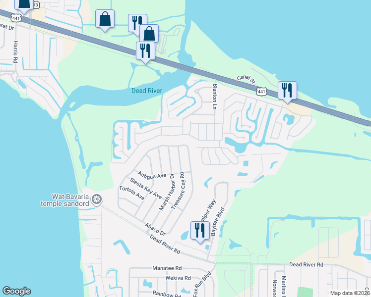 map of restaurants, bars, coffee shops, grocery stores, and more near 4461 Treasure Cay Road in Tavares