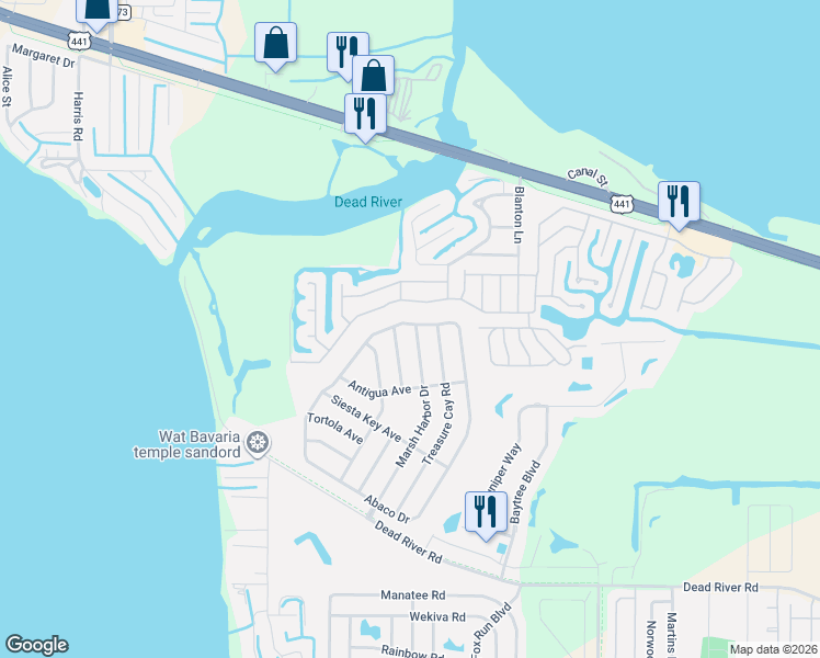 map of restaurants, bars, coffee shops, grocery stores, and more near 4465 Caicos Drive in Tavares
