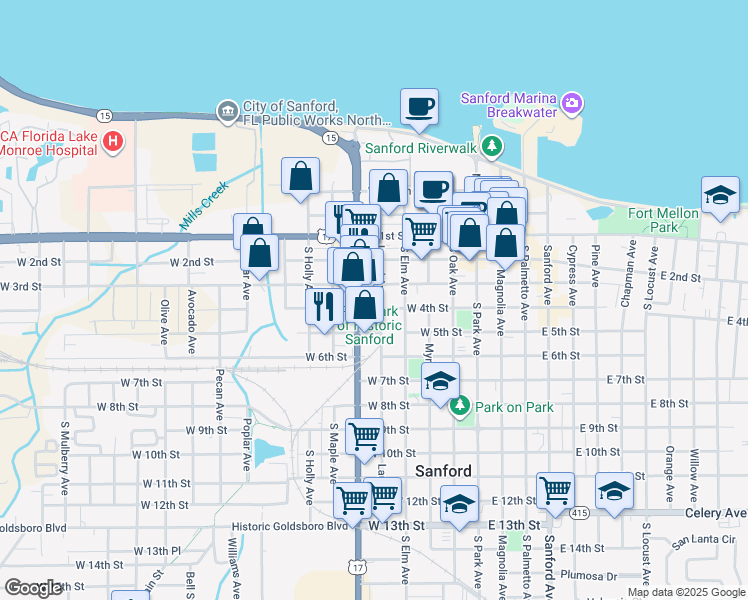 map of restaurants, bars, coffee shops, grocery stores, and more near 500 W 4th St in Sanford