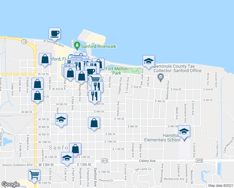 map of restaurants, bars, coffee shops, grocery stores, and more near 409 Pine Avenue in Sanford