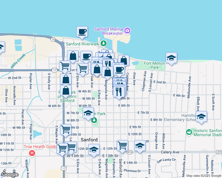 map of restaurants, bars, coffee shops, grocery stores, and more near 321 Magnolia Avenue in Sanford