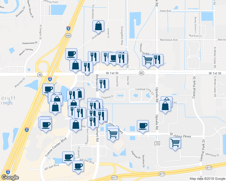 map of restaurants, bars, coffee shops, grocery stores, and more near 3211 San Jacinto Circle in Sanford