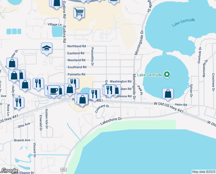 map of restaurants, bars, coffee shops, grocery stores, and more near 1391 Greenway Drive in Mount Dora