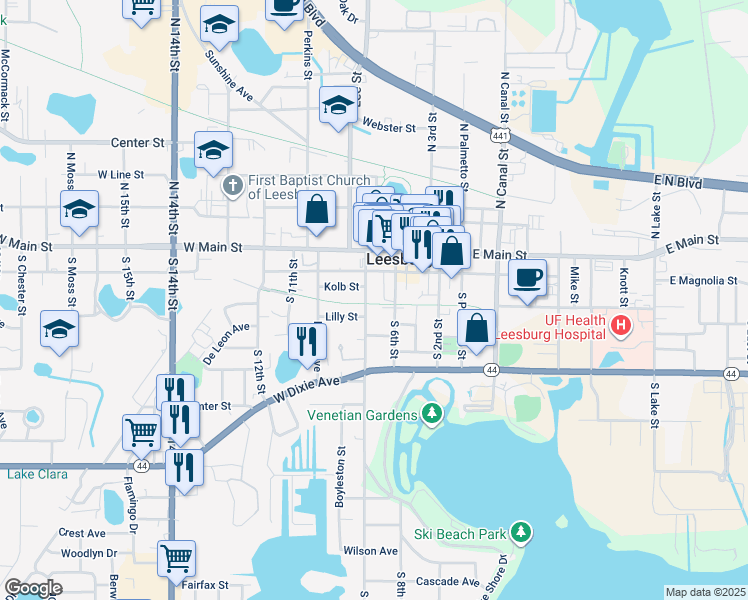 map of restaurants, bars, coffee shops, grocery stores, and more near 217 South 7th Street in Leesburg