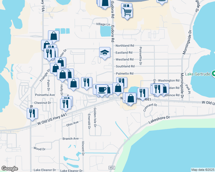 map of restaurants, bars, coffee shops, grocery stores, and more near 3050 Brown Avenue in Mount Dora