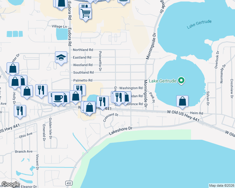 map of restaurants, bars, coffee shops, grocery stores, and more near 1391 Greenway Drive in Mount Dora