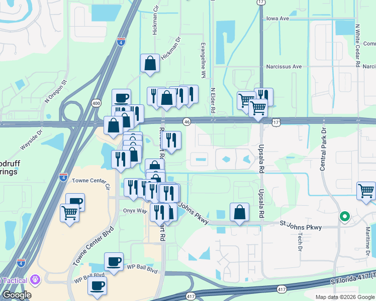 map of restaurants, bars, coffee shops, grocery stores, and more near 3520 San Jacinto Circle in Sanford