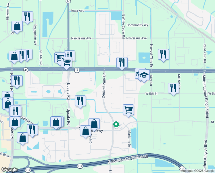 map of restaurants, bars, coffee shops, grocery stores, and more near 301 Central Park Drive in Sanford