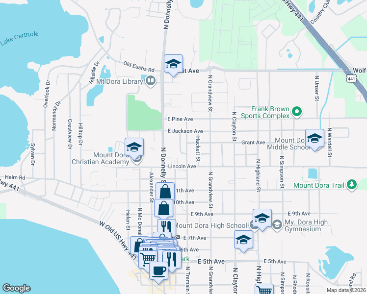 map of restaurants, bars, coffee shops, grocery stores, and more near 1403 Granite State Court in Mount Dora