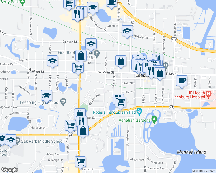 map of restaurants, bars, coffee shops, grocery stores, and more near 280 South 12th Street in Leesburg