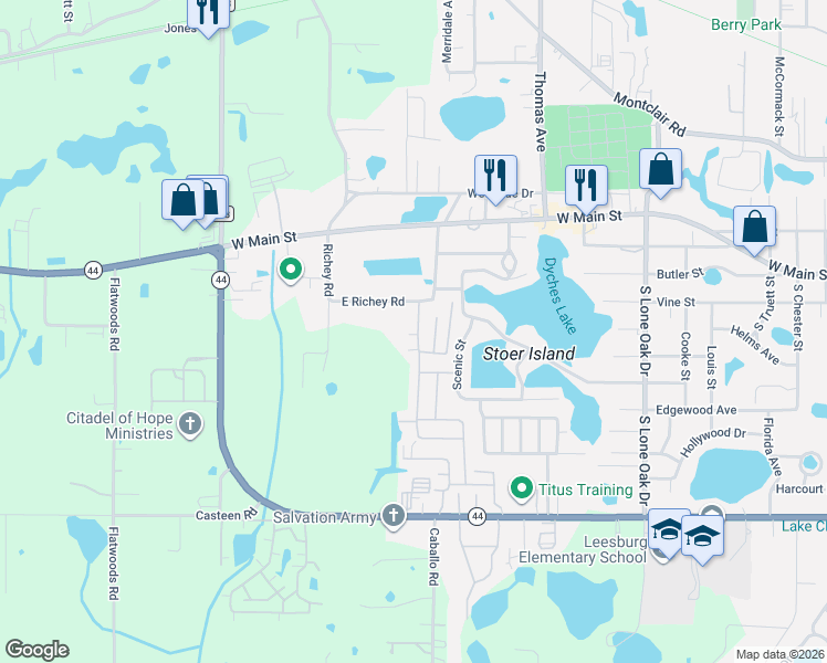 map of restaurants, bars, coffee shops, grocery stores, and more near 518 Old Colony Road in Leesburg